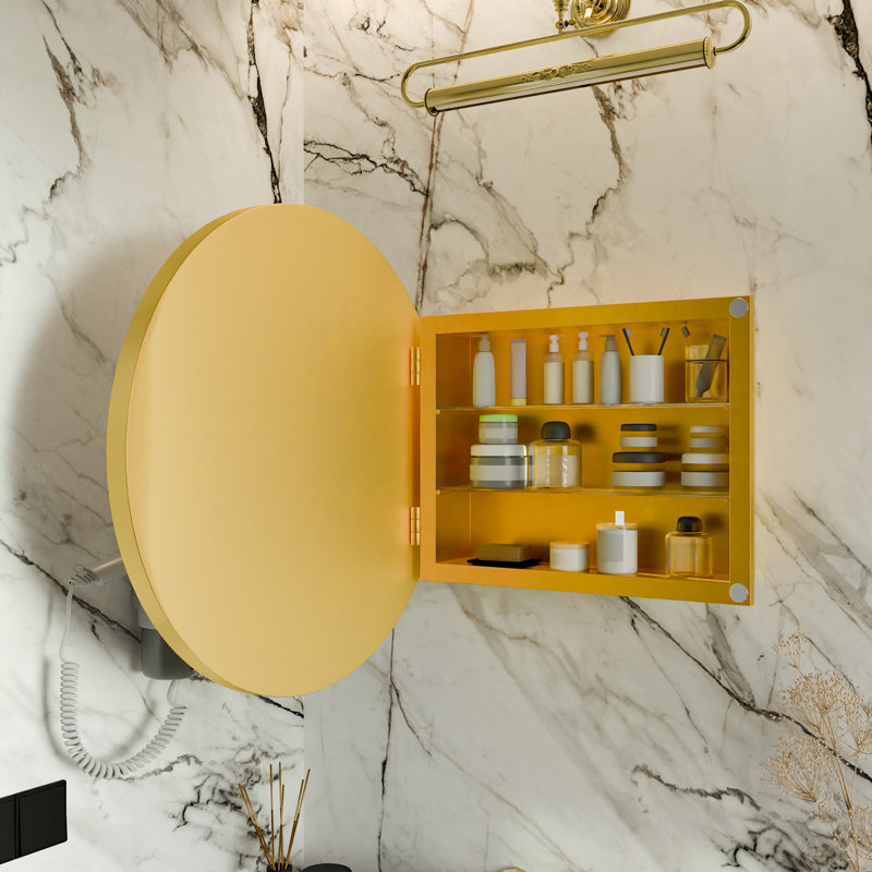 Armoire à pharmacie ronde avec cadre en métal 23,6 pouces avec miroir et tablettes réglables, Doré