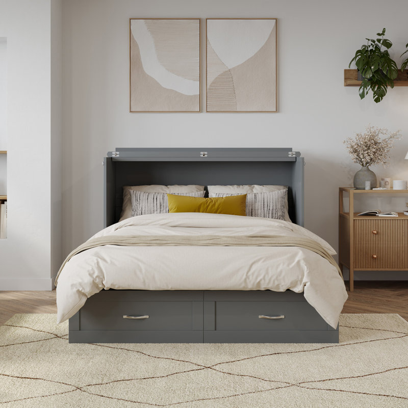 Alara Murphy Bed Chest with Storage and Built-in Charger, Full, Grey