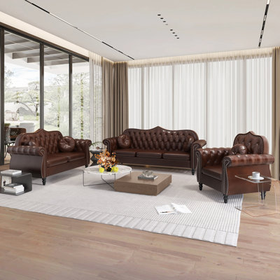 Cellina 3 Piece Faux Leather Chesterfield Living Room Set