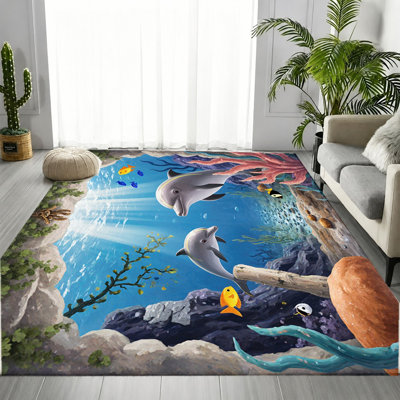 2D Print Dolphin Ocean Area Rug, Realistic Underwater Scene Print, Machine Washable Non-Slip Floor Mat, Artistic Indoor Home Decor for Living Room, Bedroom, Apartment