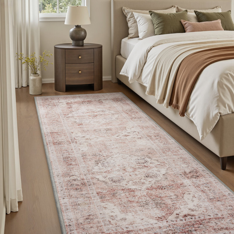 Tapis de couloir oriental rose doux et lavable à la machine, Rose / ivoire / gris, Tapis de couloir 2 pi x 6 pi