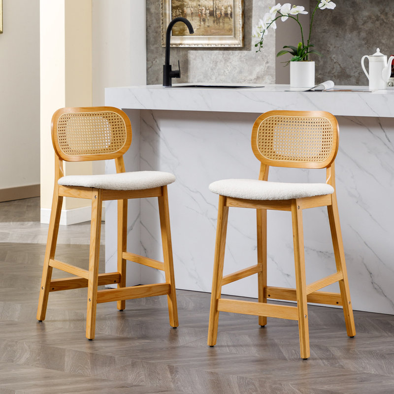 Upholstered Counter Stool with Solid Wood Frame, Wood, Teddy Fabric-Beige