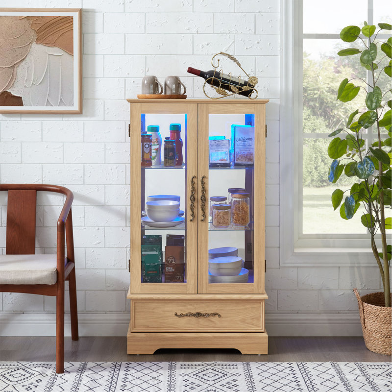 Vitrine lumineuse en verre avec tablettes réglables - 2 portes, 1 tiroir, lumières DEL, finition chêne clair élégant