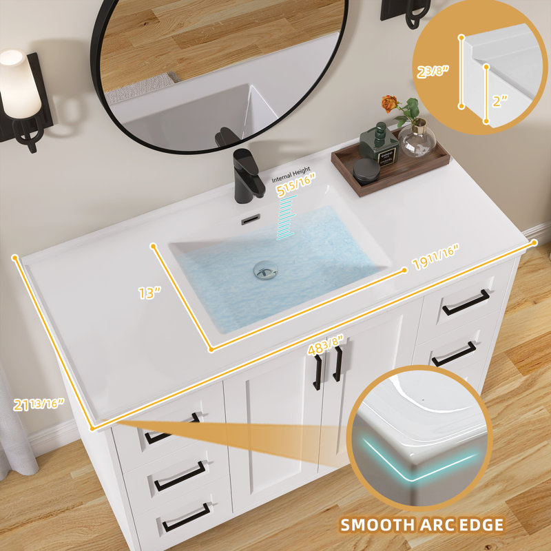 48 Inch Solid Surface Bathroom Vanity Top with Integrated Single Sink, Bright White 2" Thick Countertop, Raised Edge & Backsplash