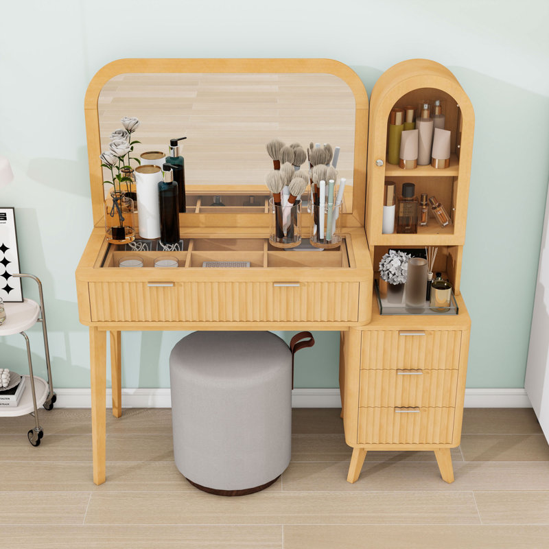 Meuble-lavabo cannelé avec miroir arqué, plateau en verre, 4 tiroirs, armoire et station de charge