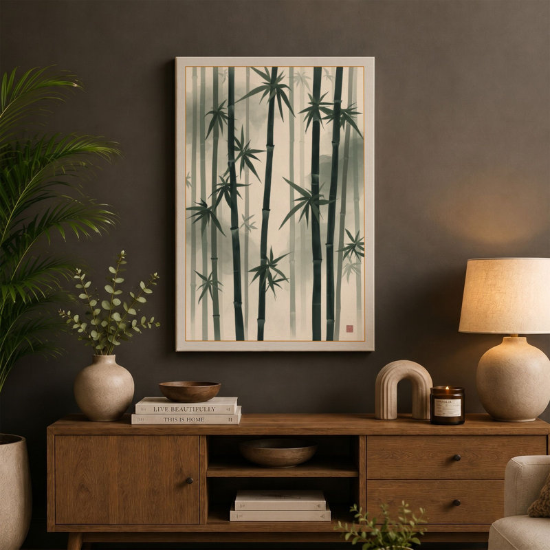 Bamboo Study Japandi - Wrapped Canvas, 30x20 - 76.2 x 50.8 cm, Black Border