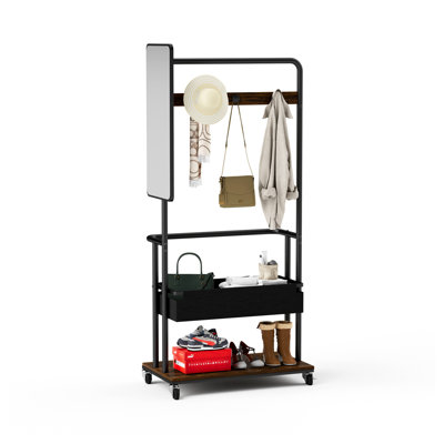 Rustic Brown and Black Metal Coat Rack with Mirror, Storage Basket, and Casters - 3-in-1 Mobile Garment Rack for Entryway or Bedroom