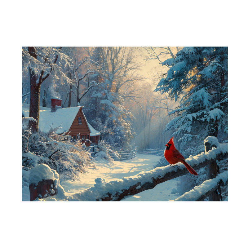 Art mural sur toile tendue - Art mural «Snowy Cabin with Cardinal» par Imagine It Images pour le salon, la chambre à coucher ou le bureau - 14 x 19