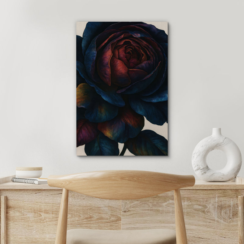 Art floral sur toile encadré rouge profond et rose bleue, Toile tendue, Ne s’applique pas, H 18 po x l 12 po