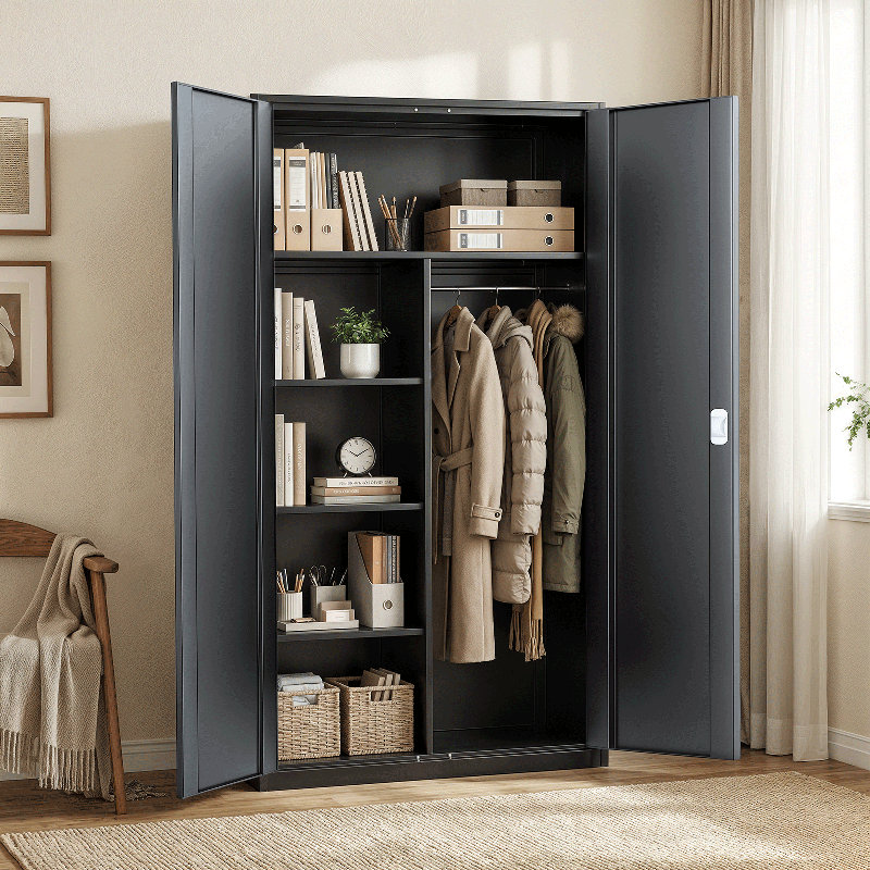 72" Metal Storage Cabinet, Storage Wardrobe Organizer with Hanging Rod, Locking Door and Adjustable Shelves, Gray/Black