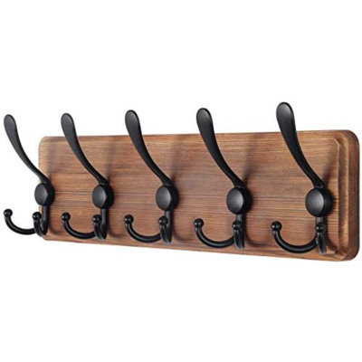 Porte-manteau mural rustique, entraxe de 40,6 cm (16 po), bois massif, brun | Style champêtre, 5 crochets triples, capacité de 45 kg (100 lb), pour sac à dos, veste, manteau, chapeau, fixation murale, quincaillerie incluse, crochets antirouille