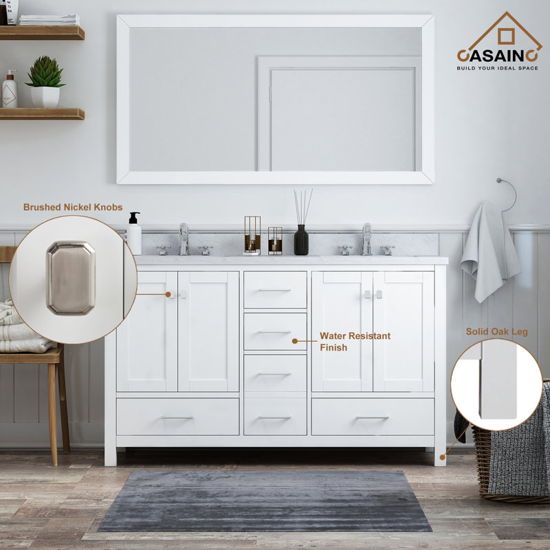 60'' Double Bathroom Vanity with Carrara Marble Top, White