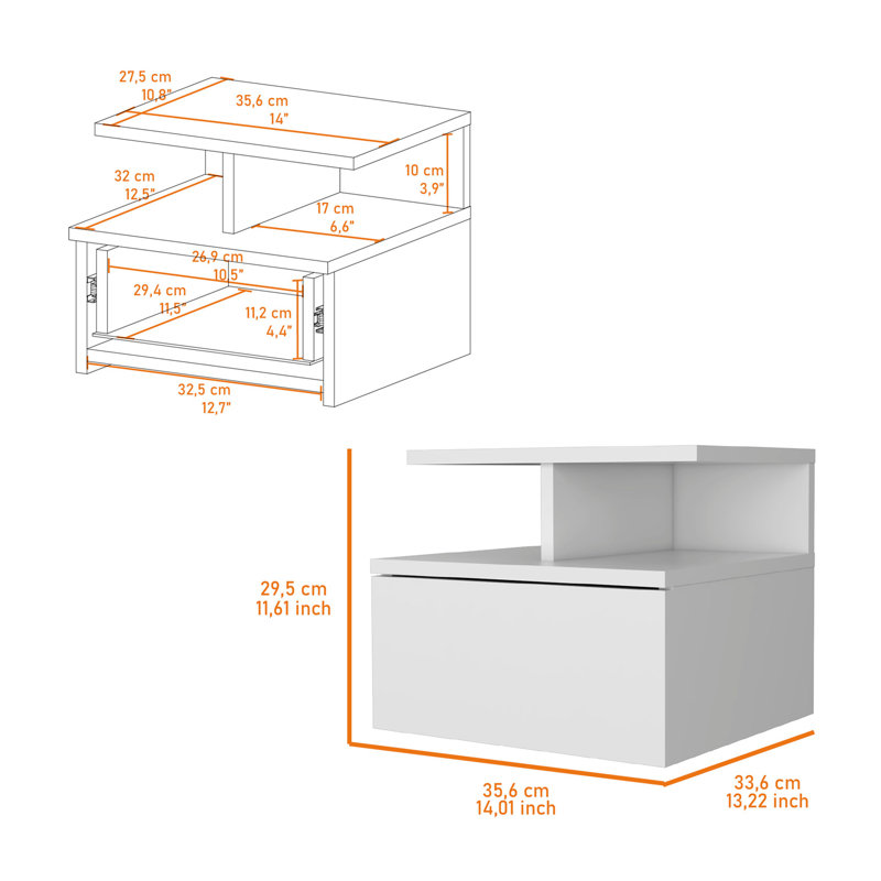 Table de chevet flottante Augusta avec tablette à 2 niveaux et 1 tiroir