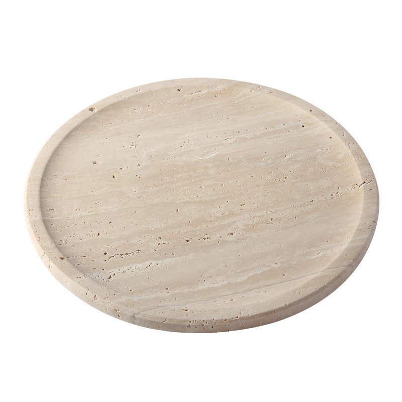 Guein 12” Round Natural Marble Tray, Travertino Roamano