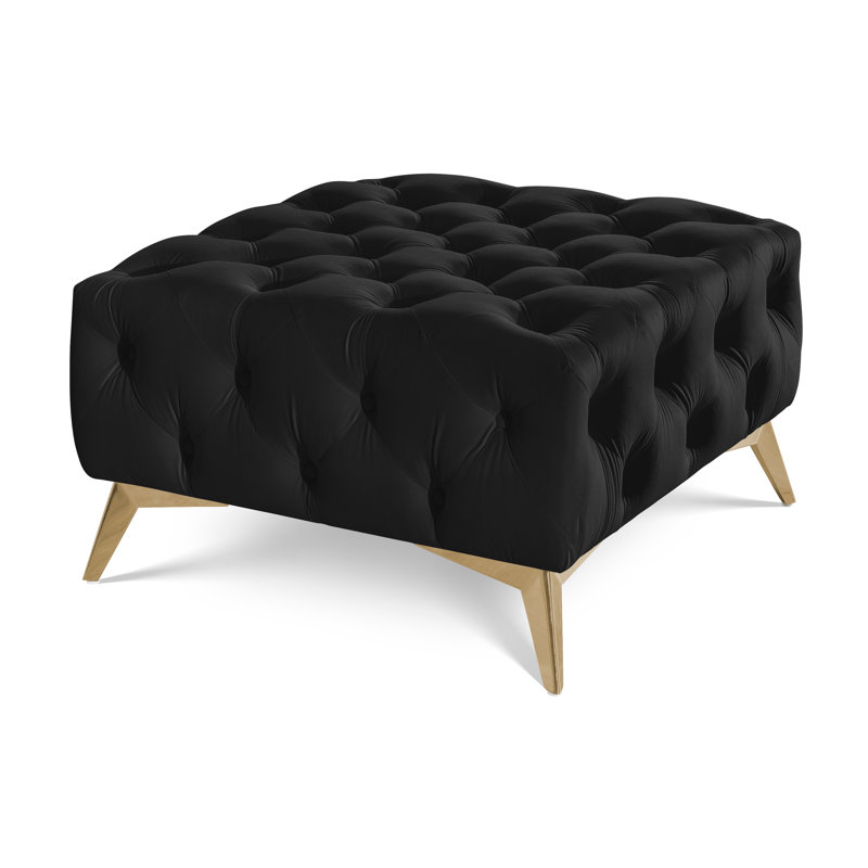Whitby 80cm Wide Velvet Tufted Square No Pattern Footstool Ottoman, Black, Gold