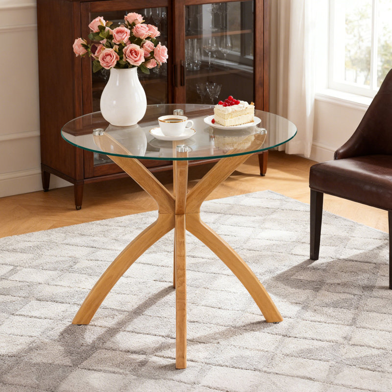 Table de salle à manger ronde avec plateau en verre trempé et pieds en bois massif, Bois naturel