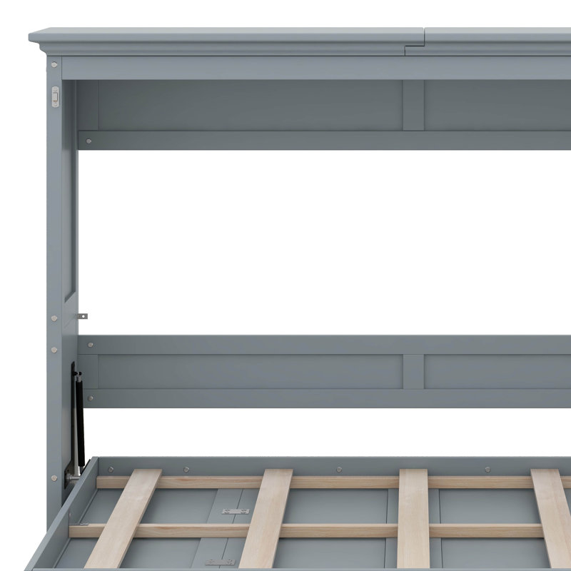 Lit escamotable en bois avec tablette, lit escamotable Farmhouse avec rangement, Double, Gris