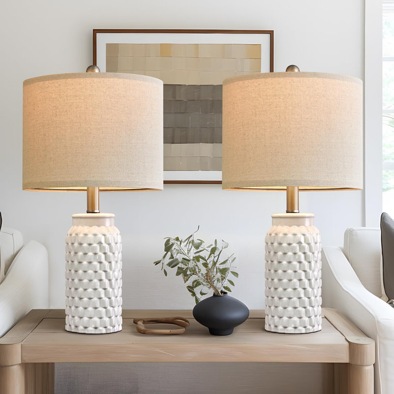 White Textured Ceramic Bedside Lamp Set with Beige Shades