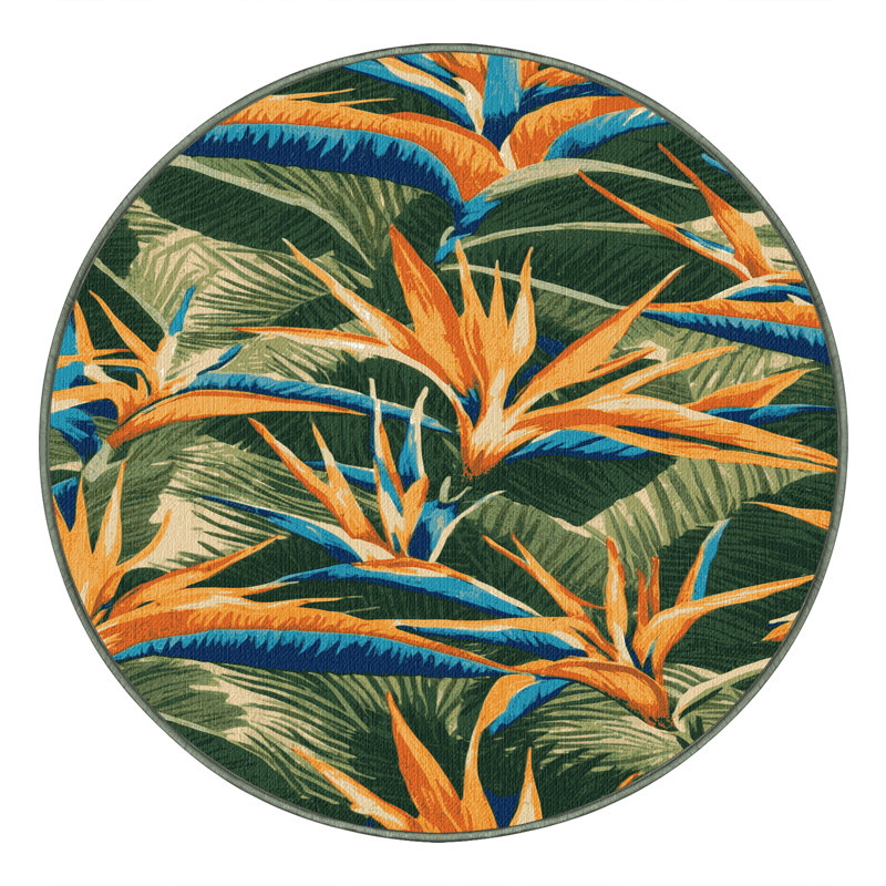 Washable Bird of Paradise Hawaiian Area Rug, Round 7'