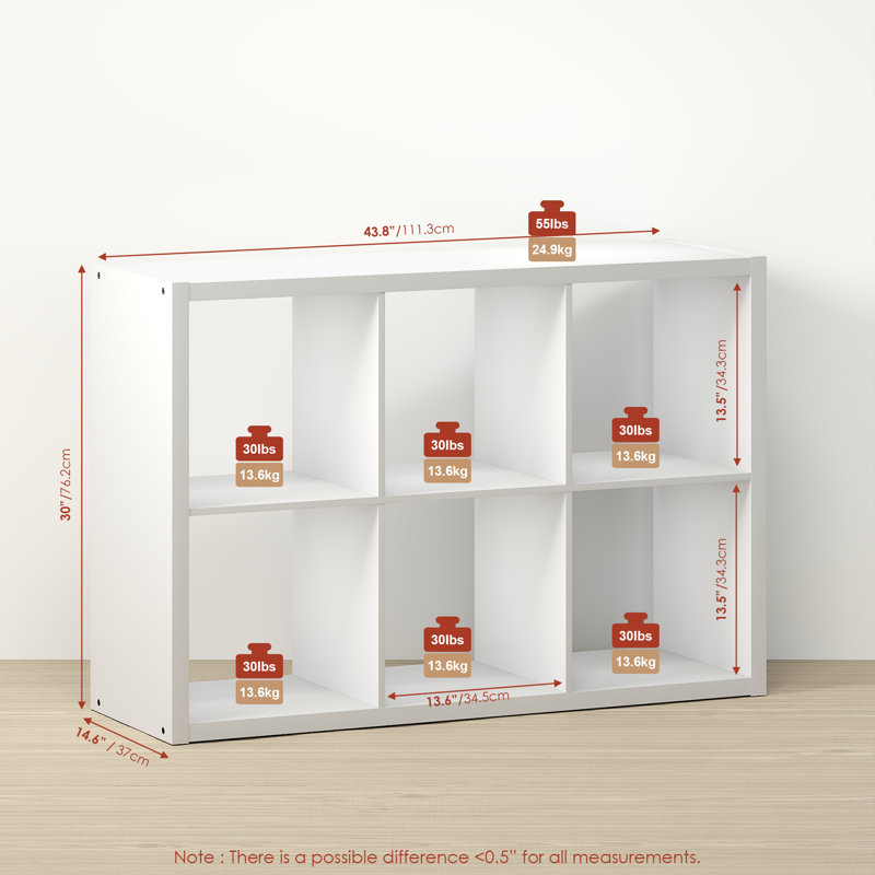 6-Cube Bookcase, Thick Frame,  White, White, (6 Shelves) 43.78" H x 30" W x 14.57" D