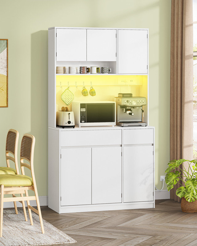 Garde-manger 71 po avec prise de courant et lumières DEL, grande huche de cuisine autoportante avec comptoir et 2 tiroirs de rangement, tablettes réglables, salon, blanc