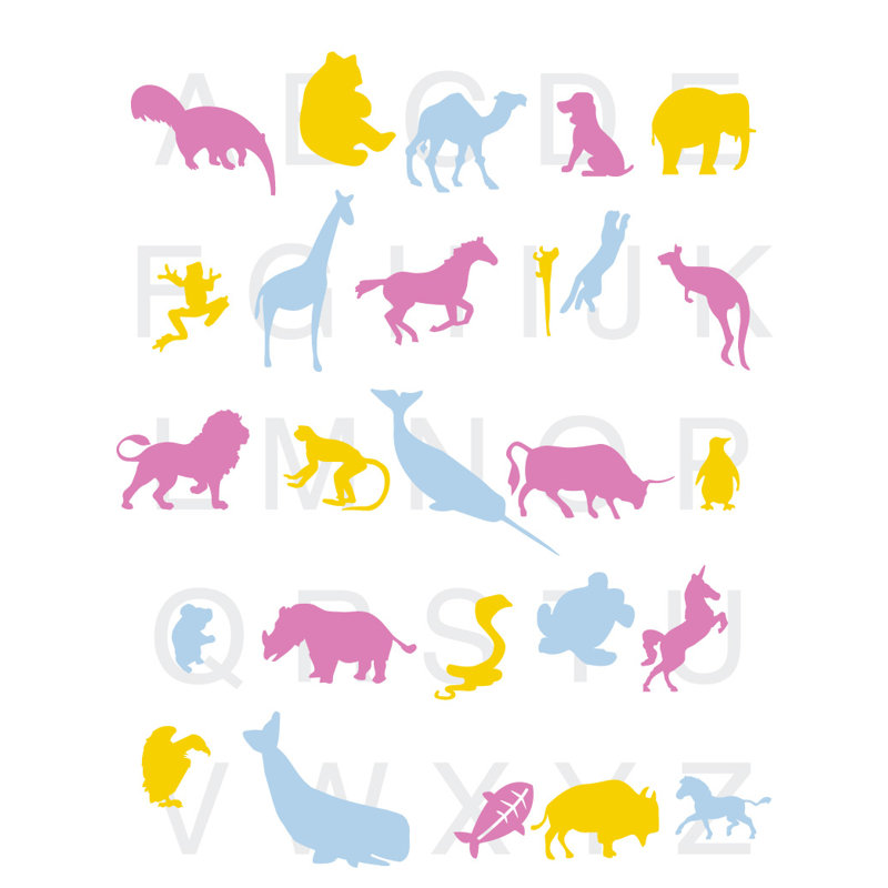 Décalcomanie murale alphabet animal, H 56 po x l 45 po x P 0,01 po, Rose / jaune / bleu