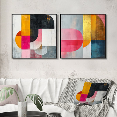 Motif géométrique doré rose et gris «Pure Form I» - art mural géométrique - ensemble de 2 décorations murales modernes