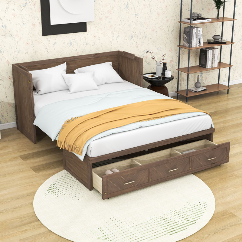 Grand lit escamotable en bois avec port USB et lattes, Noyer clair