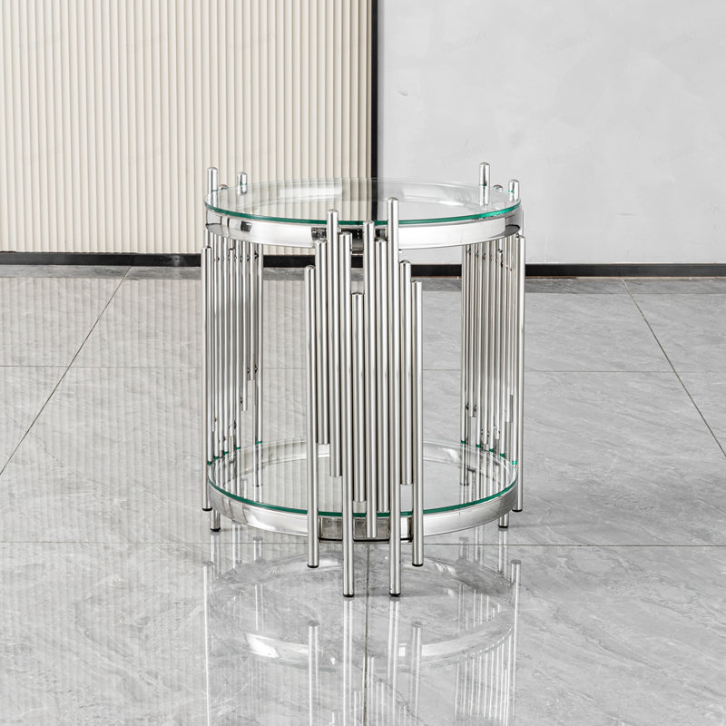 Table de bout ronde de luxe avec plateau en verre trempé transparent à 2 niveaux et structure en acier inoxydable argenté, table d'appoint moderne pour le salon, la chambre à coucher et le bureau