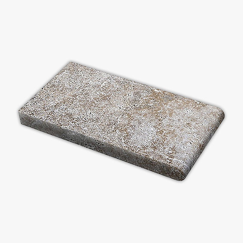 Scabos Tumbled 6x12 Travertine Thick Bullnose Coping, Brown