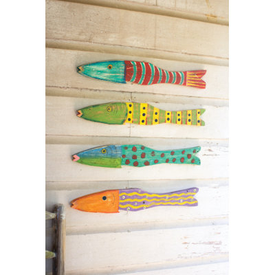  Recycled Wood Folk Art Fish 24"H – Handcrafted Rustic Wall Decor, Set of 4