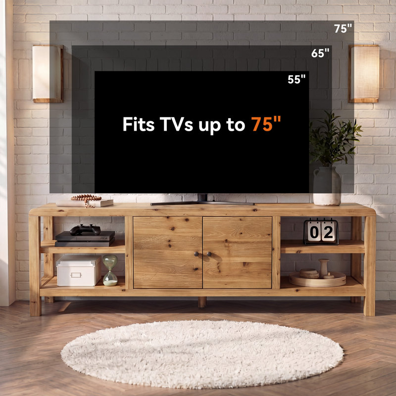 Meuble télé 71 po en bois massif avec tablettes ouvertes, centre de divertissement rustique pour salon, brun naturel