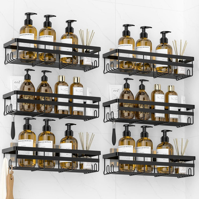 Ensemble de 2 paniers de douche adhésifs - Organisateur de rangement pour salle de bain et cuisine sans perceuse avec crochets, tablette en acier inoxydable antirouille pour shampooing, savon et articles de toilette