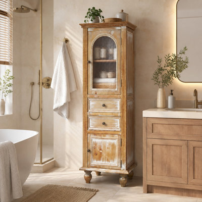 59" Farmhouse Tall Narrow Storage Cabinet with Reeded Glass Door, 2 Drawers & 2 Doors, Rustic Linen Cabinet for Bathroom & Hallway