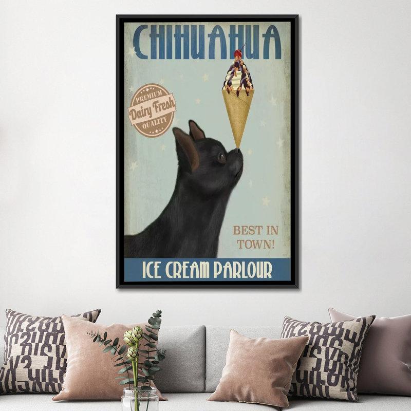 « chihuahua ice crème », reproduction d’impression sur toile tendue Fab Funky, Toile avec cadre noir, Pas de tapis