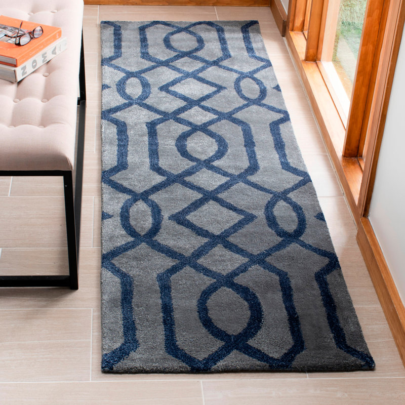 Tapis gris / bleu foncé en laine touffeté à la main Deedre, Tapis de couloir 2 pi 6 po x 8 pi