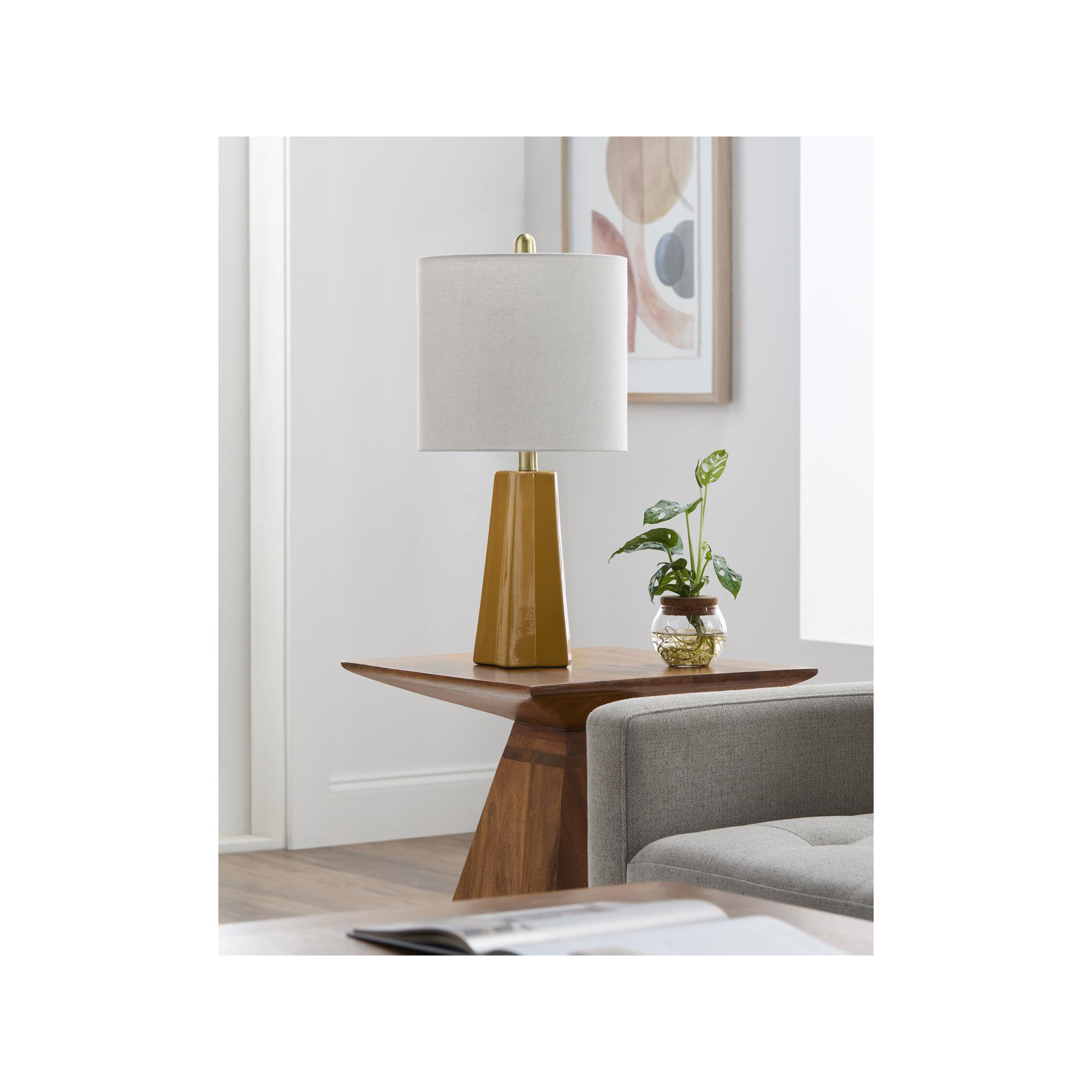 Magalie 1-Light Ceramic Table Lamp with Linen Drum Shade , Yellow, White