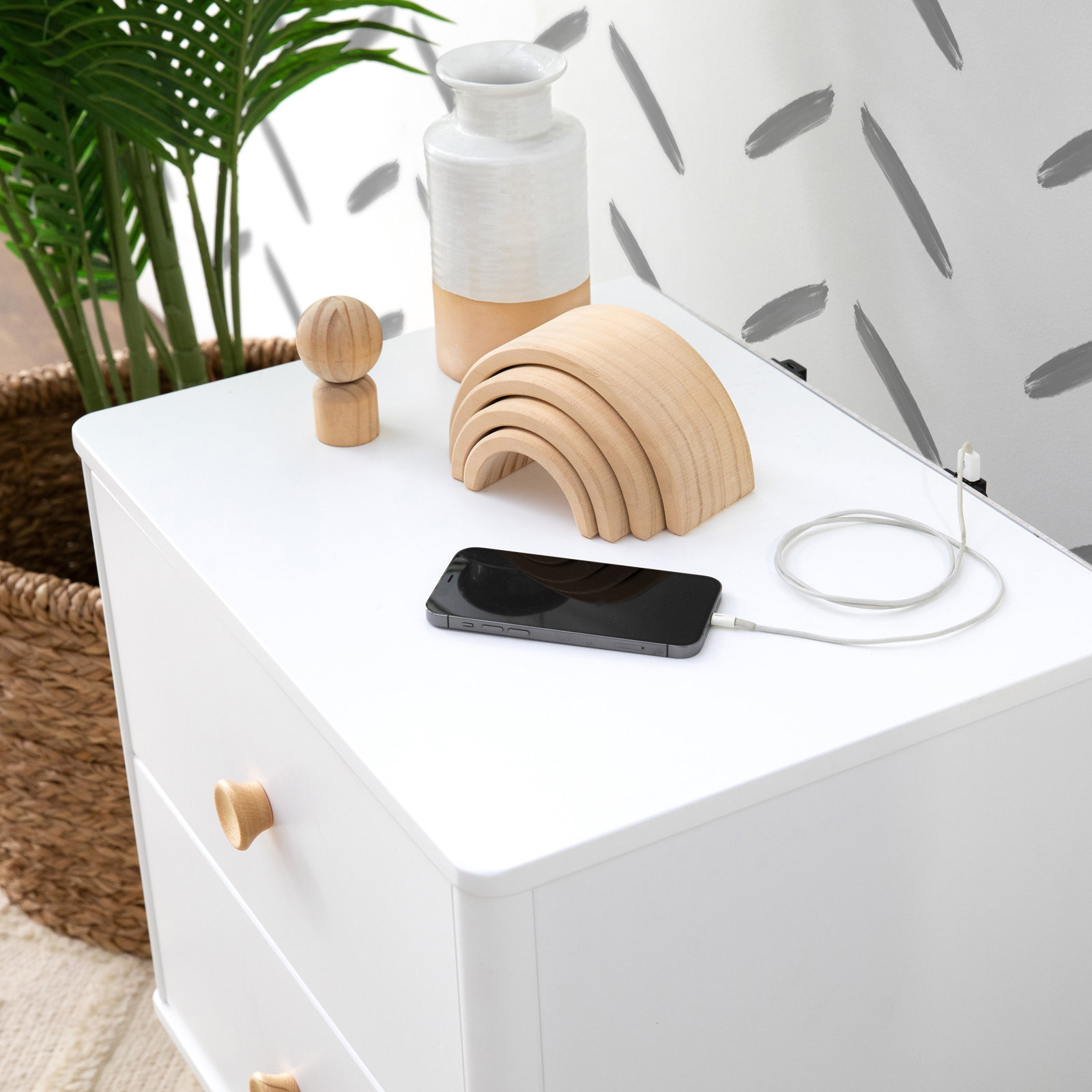 Lolly Nightstand with USB Port, White/Natural