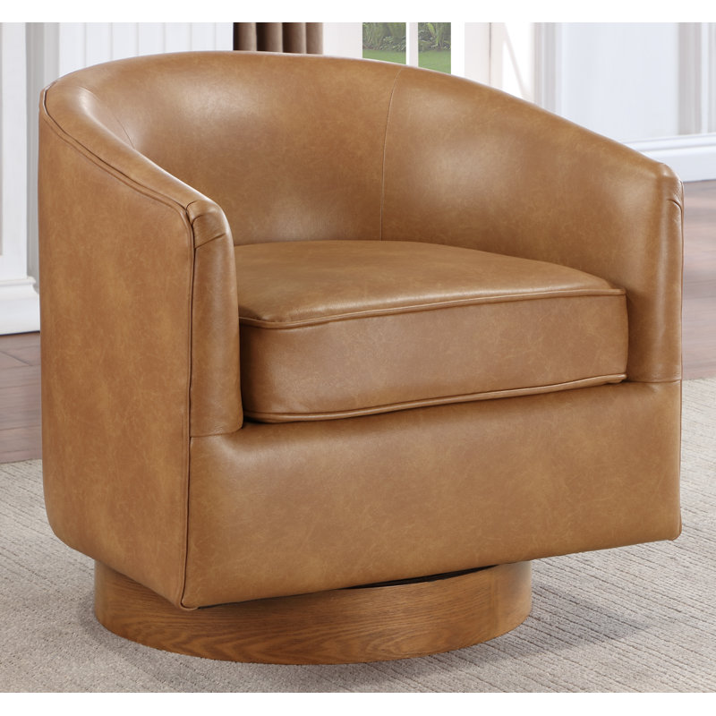 Asmi 29" Wide Swivel Barrel Accent Chair, Light Brown Faux Leather