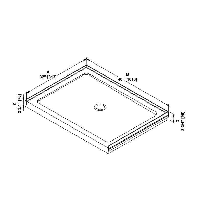 OVE Decors 40" x 32" Rectangle Shower Base Pan, White Acrylic, Center Drain, Reversible Design