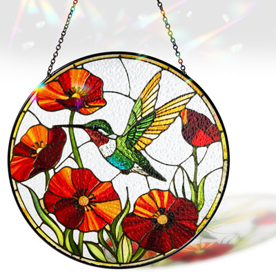 6" Hummingbird Poppy Birth Flowers Stained Glass Suncatcher, Bird Suncatcher for Window Hanging, Gift for Mom, Grandma, Women, Friend, Bird Lover BIRD-30B-SG6