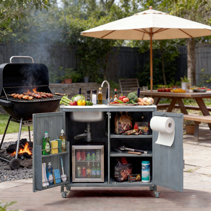 Îlot de cuisine à roulettes 39,4 "avec évier et robinet en acier inoxydable 304, Bleu