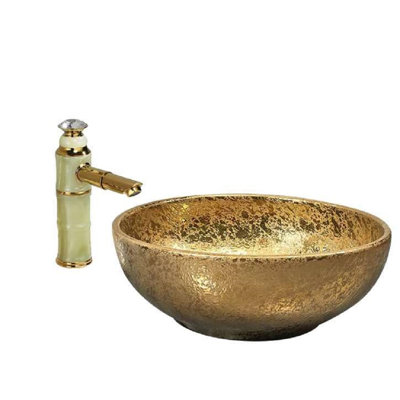 Gold Vessel Sink with Royal Style Touchless Faucet and Swan Neck Design