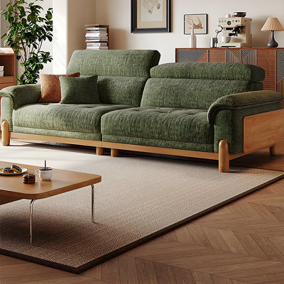 118.11"Green linen-blend loveseat with throw pillows