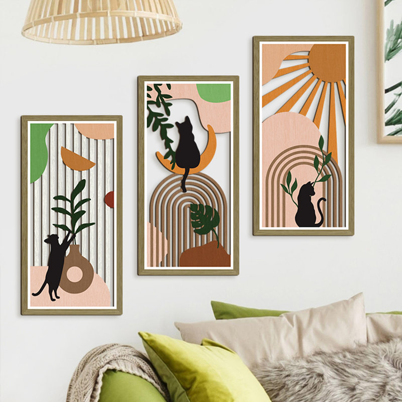 Boho Cat Wooden Wall Art Mid Century Black Kitty Wall Decor Abstract Animal Artwork Geometric Sun Hollow-out Unframed Painting Cat Gifts For Cat Lovers Set Of 3 For Living Room Bedroom Dining Room 8x16 In