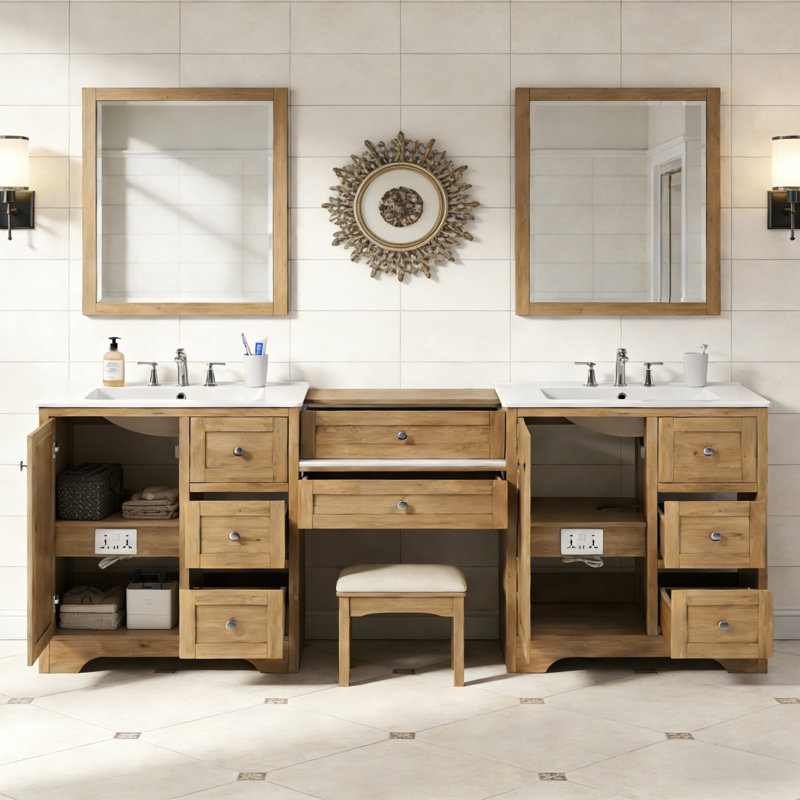 Meuble-lavabo double avec 6 tiroirs, Naturel