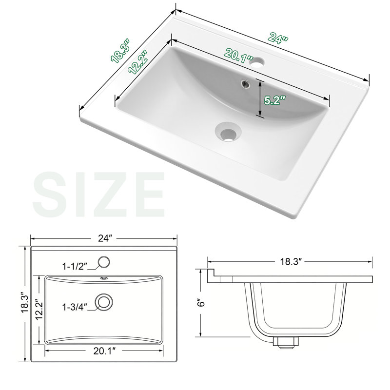24'' Ceramic Rectangular Bathroom Sink With Overflow