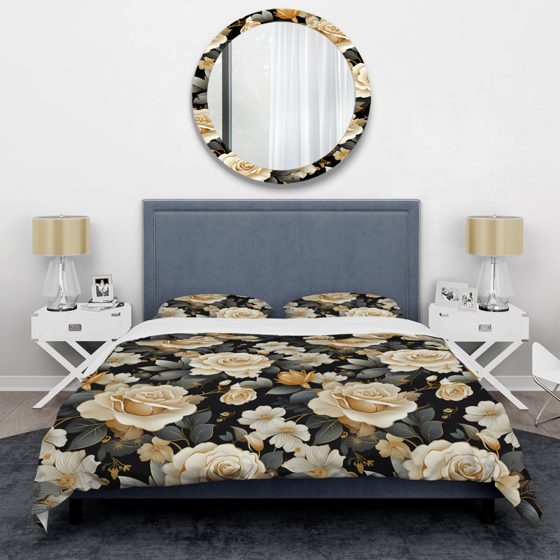 Timeless Beige Rose Elegant Bouquet - Ensemble de housse de couette floral - Polyester en microfibre