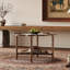 Table basse de style Mid-Century avec forme de pétale et verre à motif craquelé blanc, table basse à 2 niveaux avec rotin-80857147