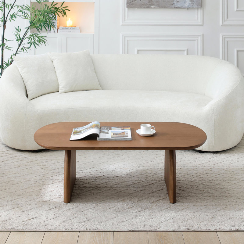 Table basse ovale en bois massif, surface lisse et support incurvé, couleur noyer naturel, table créative multi-adaptabilité avec pieds supérieurs elliptiques, matériau, convient au décor japonais